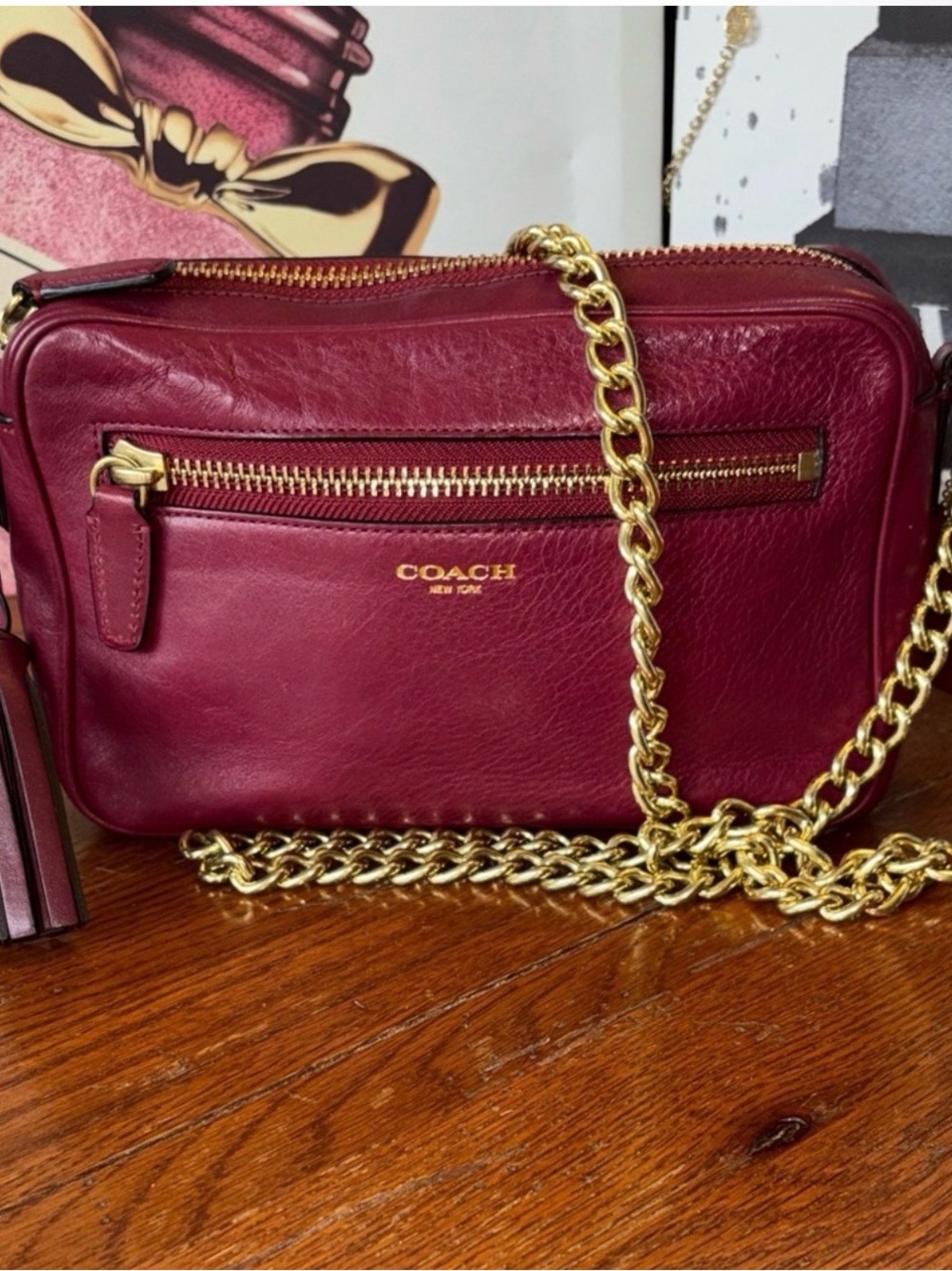 Coach Wine Leather Camera Crossbody with Gold Chain Strap